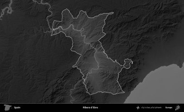 Ribera d'Ebre. İspanya 'nın idari alanı belirtilmiş ve koyu gri tonlu yükseklik haritasına göre özetlenmiştir