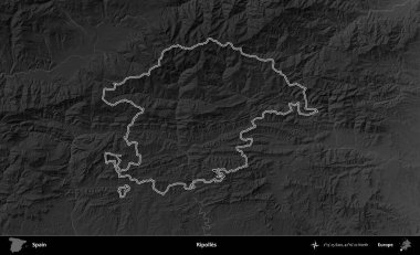 Ripolles. İspanya 'nın idari bölgesi gri ölçekli yükseklik haritasında belirtilmiştir