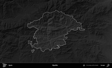 Ripolles. İspanya 'nın idari alanı belirtilmiş ve koyu gri tonlu yükseklik haritasına göre özetlenmiştir