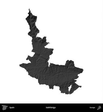Sabinanigo. İspanya 'nın idari bölgesi gri ölçekli yükseklik haritasında beyaza izole edildi