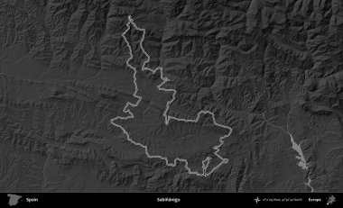 Sabinanigo. İspanya 'nın idari bölgesi gri ölçekli yükseklik haritasında belirtilmiştir