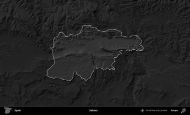 Sakana. İspanya 'nın idari alanı belirtilmiş ve koyu gri tonlu yükseklik haritasına göre özetlenmiştir