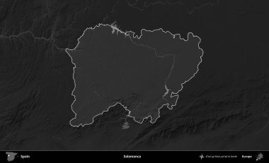 Salamanca. İspanya 'nın idari alanı belirtilmiş ve koyu gri tonlu yükseklik haritasına göre özetlenmiştir