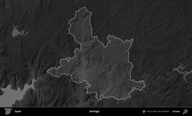 Santiago mu? İspanya 'nın idari alanı belirtilmiş ve koyu gri tonlu yükseklik haritasına göre özetlenmiştir