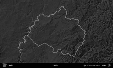 Sarria. İspanya 'nın idari bölgesi gri ölçekli yükseklik haritasında belirtilmiştir