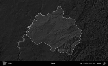 Sarria. İspanya 'nın idari alanı belirtilmiş ve koyu gri tonlu yükseklik haritasına göre özetlenmiştir