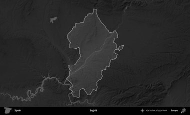 Segria. İspanya 'nın idari alanı belirtilmiş ve koyu gri tonlu yükseklik haritasına göre özetlenmiştir