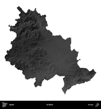 la Selva. İspanya 'nın idari bölgesi gri ölçekli yükseklik haritasında beyaza izole edildi