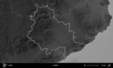 la Selva. İspanya 'nın idari bölgesi gri ölçekli yükseklik haritasında belirtilmiştir