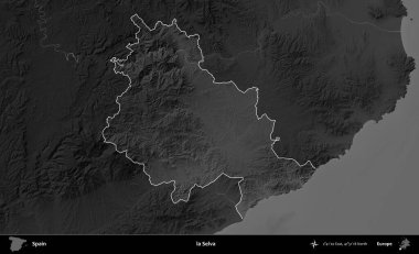 la Selva. İspanya 'nın idari alanı belirtilmiş ve koyu gri tonlu yükseklik haritasına göre özetlenmiştir