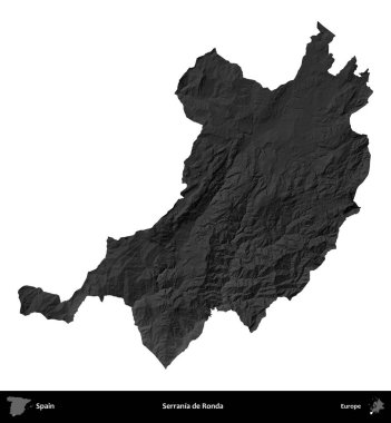 Serrania de Ronda. İspanya 'nın idari bölgesi gri ölçekli yükseklik haritasında beyaza izole edildi