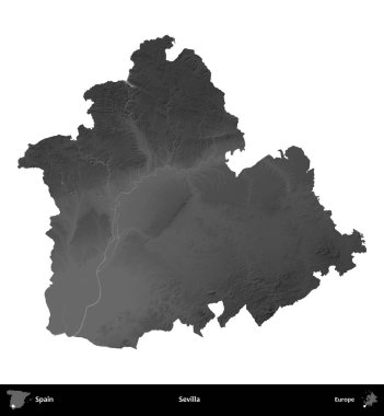 Sevilla. İspanya 'nın idari bölgesi gri ölçekli yükseklik haritasında beyaza izole edildi