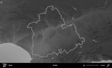 Sevilla. İspanya 'nın idari bölgesi gri ölçekli yükseklik haritasında belirtilmiştir