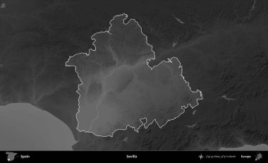Sevilla. İspanya 'nın idari alanı belirtilmiş ve koyu gri tonlu yükseklik haritasına göre özetlenmiştir