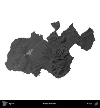 Sierra de Cadiz. İspanya 'nın idari bölgesi gri ölçekli yükseklik haritasında beyaza izole edildi