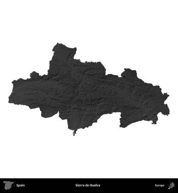 Sierra de Huelva. İspanya 'nın idari bölgesi gri ölçekli yükseklik haritasında beyaza izole edildi