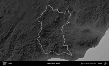 Sierra de las Nieves. İspanya 'nın idari bölgesi gri ölçekli yükseklik haritasında belirtilmiştir