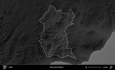 Sierra de las Nieves. İspanya 'nın idari alanı belirtilmiş ve koyu gri tonlu yükseklik haritasına göre özetlenmiştir