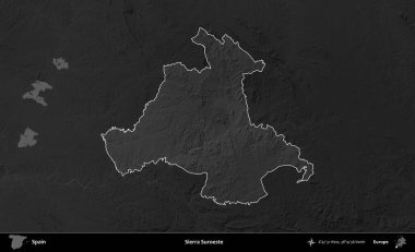 Sierra Suroeste. İspanya 'nın idari alanı belirtilmiş ve koyu gri tonlu yükseklik haritasına göre özetlenmiştir