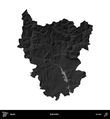 Sobrarbe. İspanya 'nın idari bölgesi gri ölçekli yükseklik haritasında beyaza izole edildi