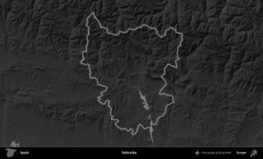 Sobrarbe. İspanya 'nın idari bölgesi gri ölçekli yükseklik haritasında belirtilmiştir