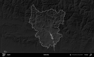 Sobrarbe. İspanya 'nın idari alanı belirtilmiş ve koyu gri tonlu yükseklik haritasına göre özetlenmiştir