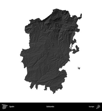 Solone 'lar. İspanya 'nın idari bölgesi gri ölçekli yükseklik haritasında beyaza izole edildi