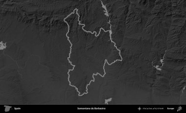 Somontano de Barbastro. İspanya 'nın idari bölgesi gri ölçekli yükseklik haritasında belirtilmiştir