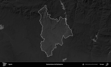 Somontano de Barbastro. İspanya 'nın idari alanı belirtilmiş ve koyu gri tonlu yükseklik haritasına göre özetlenmiştir