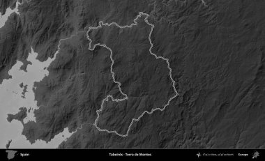 Tabeiros - Terra de Montes. İspanya 'nın idari bölgesi gri ölçekli yükseklik haritasında belirtilmiştir