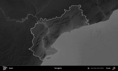 Tarragona. İspanya 'nın idari alanı belirtilmiş ve koyu gri tonlu yükseklik haritasına göre özetlenmiştir