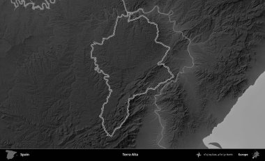 Terra Alta. İspanya 'nın idari bölgesi gri ölçekli yükseklik haritasında belirtilmiştir