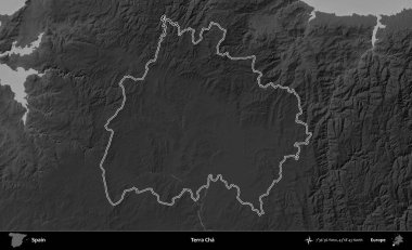 Terra Cha. İspanya 'nın idari bölgesi gri ölçekli yükseklik haritasında belirtilmiştir