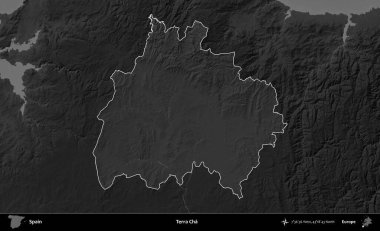 Terra Cha. İspanya 'nın idari alanı belirtilmiş ve koyu gri tonlu yükseklik haritasına göre özetlenmiştir