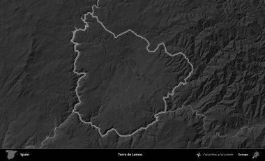 Terra de Lemos. İspanya 'nın idari bölgesi gri ölçekli yükseklik haritasında belirtilmiştir