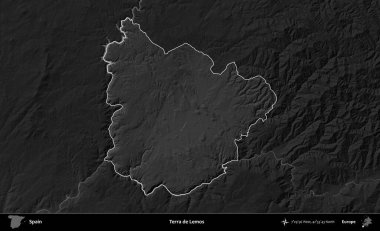 Terra de Lemos. İspanya 'nın idari alanı belirtilmiş ve koyu gri tonlu yükseklik haritasına göre özetlenmiştir