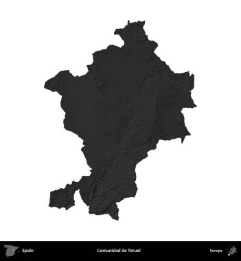 Comunidad de Teruel. İspanya 'nın idari bölgesi gri ölçekli yükseklik haritasında beyaza izole edildi