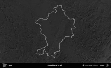 Comunidad de Teruel. İspanya 'nın idari bölgesi gri ölçekli yükseklik haritasında belirtilmiştir