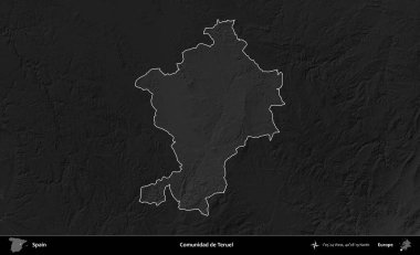 Comunidad de Teruel. İspanya 'nın idari alanı belirtilmiş ve koyu gri tonlu yükseklik haritasına göre özetlenmiştir