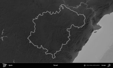 Teruel. İspanya 'nın idari bölgesi gri ölçekli yükseklik haritasında belirtilmiştir