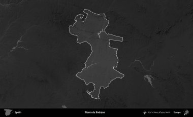 Tierra de Badajoz. İspanya 'nın idari alanı belirtilmiş ve koyu gri tonlu yükseklik haritasına göre özetlenmiştir