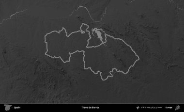 Tierra de Barros. İspanya 'nın idari bölgesi gri ölçekli yükseklik haritasında belirtilmiştir