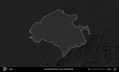 Comunidad de Villa y Tierra de Sepulveda. İspanya 'nın idari alanı belirtilmiş ve koyu gri tonlu yükseklik haritasına göre özetlenmiştir