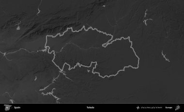 Toledo. İspanya 'nın idari bölgesi gri ölçekli yükseklik haritasında belirtilmiştir