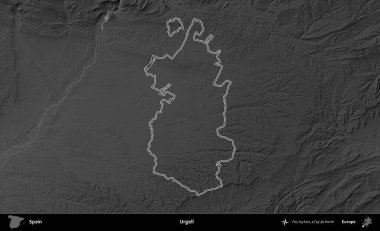 Urgell. İspanya 'nın idari bölgesi gri ölçekli yükseklik haritasında belirtilmiştir
