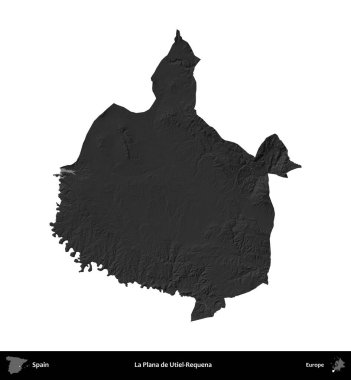 La Plana de Utiel-Requena. İspanya 'nın idari bölgesi gri ölçekli yükseklik haritasında beyaza izole edildi