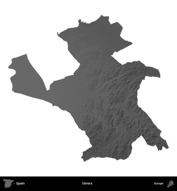 Utrera. İspanya 'nın idari bölgesi gri ölçekli yükseklik haritasında beyaza izole edildi