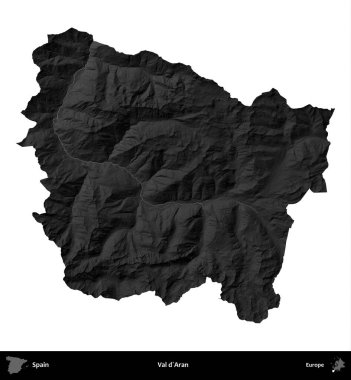 Val d'Aran. İspanya 'nın idari bölgesi gri ölçekli yükseklik haritasında beyaza izole edildi