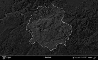 Valdeorras. İspanya 'nın idari alanı belirtilmiş ve koyu gri tonlu yükseklik haritasına göre özetlenmiştir