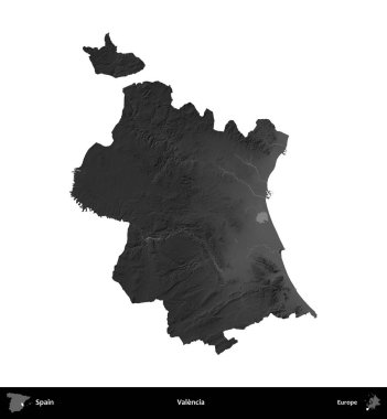 Valencia. İspanya 'nın idari bölgesi gri ölçekli yükseklik haritasında beyaza izole edildi